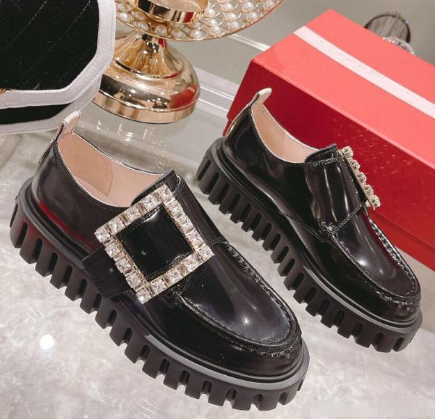 

Designer thick sole loafers shoes women's ROG VIVI new Platform diamond square buckle muffin increased Party holiday Ladies black white leather shoes