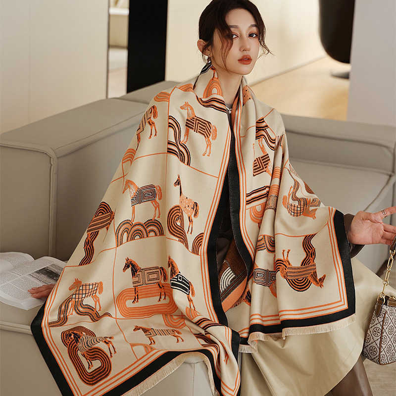 

Luxury Horse Print Cashmere Scarf Women Pashmina Shawls Wraps Thick Warm Female Echarpe Blanket Scarves Design 2021 1013