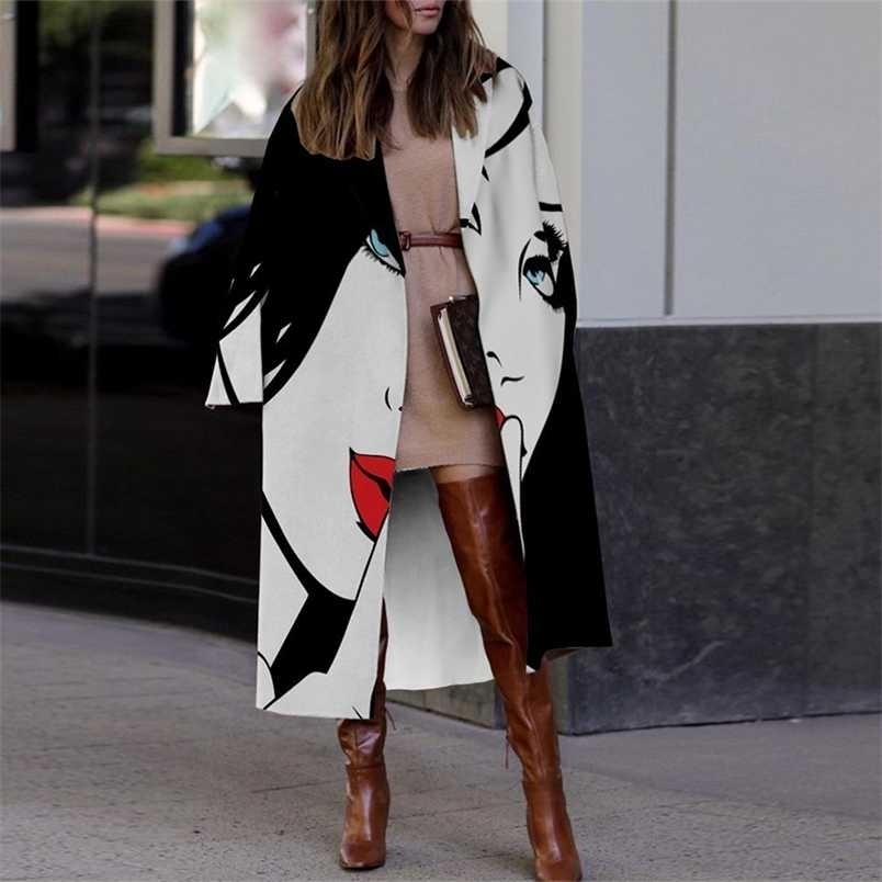 

Vintage Abstract Print Turn-Collar Overcoat Fashion Office Ladies Casual Cardigan Autumn Winter Warm Women Long Woolen Coats 211228, 05 print