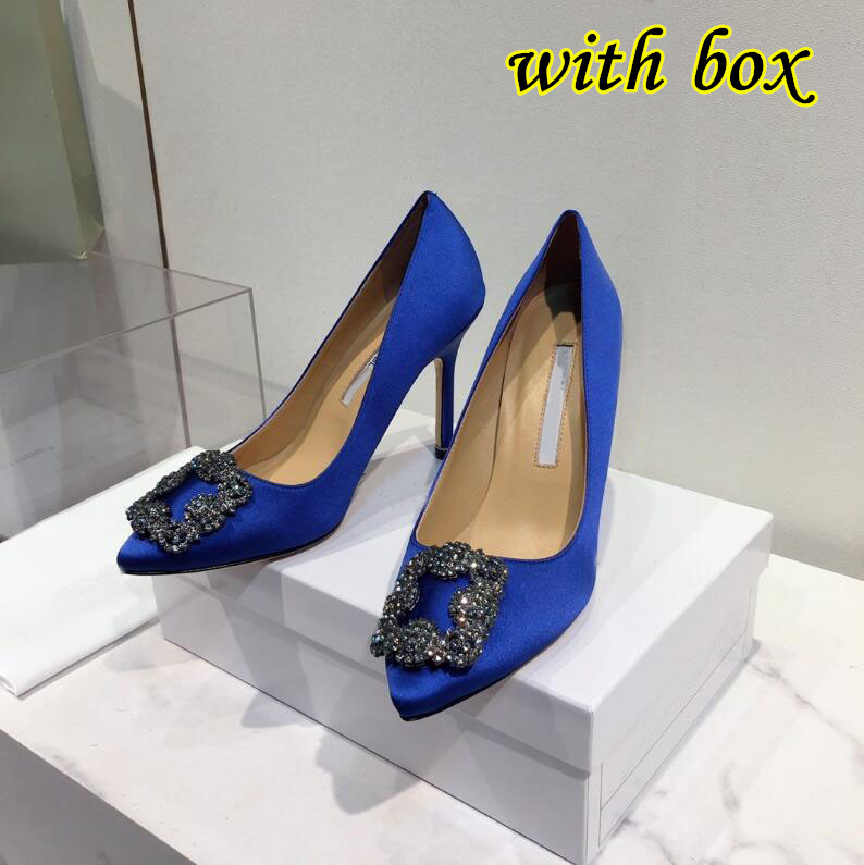 

Designer High Heel Wedding Shoes 6cm 8cm 10cm Pointed Toe Bridal Shoes New Green Mercerized Denim Silver Rhinestone Silk Square Metal Buckle Pumps with Box 34-42