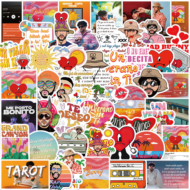 

50Pcs Singer Bad Bunny Sticker Album Un Verano Sin Ti Graffiti Kids Toy Skateboard Car Motorcycle Bicycle Sticker Decals, Multi colors