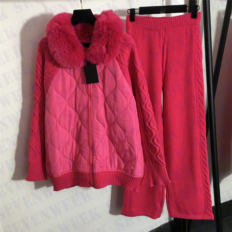 

Womens Knitted Splicing Cotton Jacket Trousers Sets Plush Collar Cardigan Coats Fashion Warm Knitting Pants For Lady, Extra shipping/no ship
