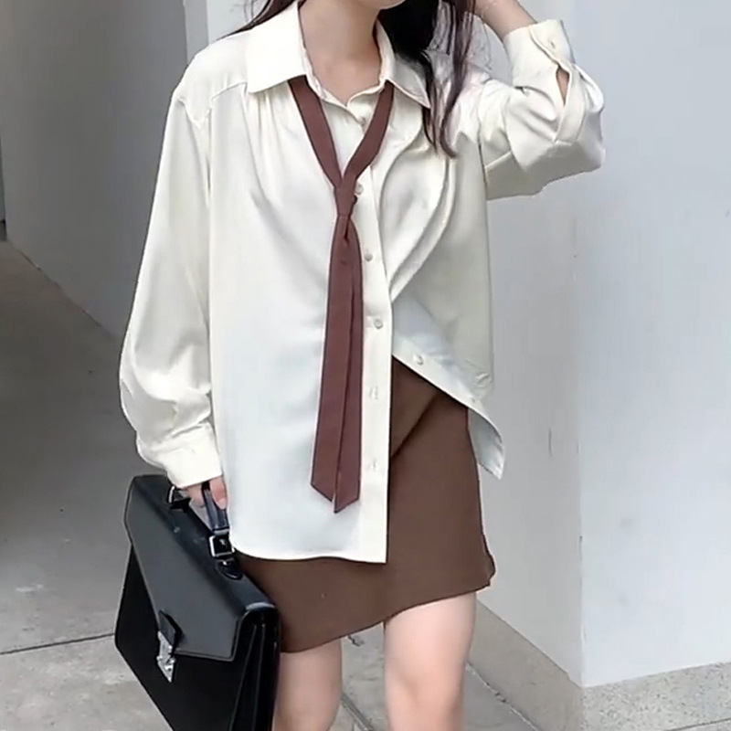 Blouses lâches élégantes Vintage Femmes Harajuku Chic de bureau Shirt with Tie Chemises à manches longues Blouse Femme esthétique Tops Femme