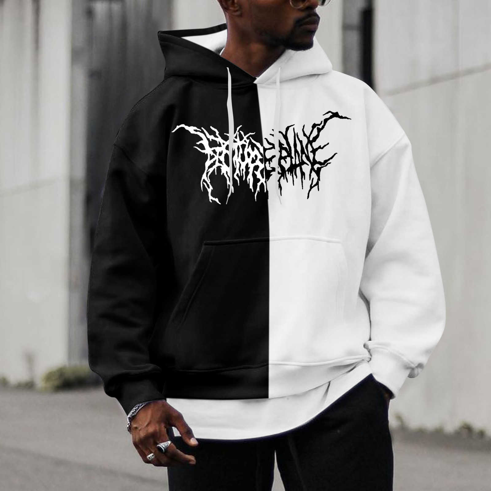 

Men' Hoodies Sweatshirts Cute for Men Male Casual Bla White Print Long Sleeve Poet Hooded Blouse Tie G221011