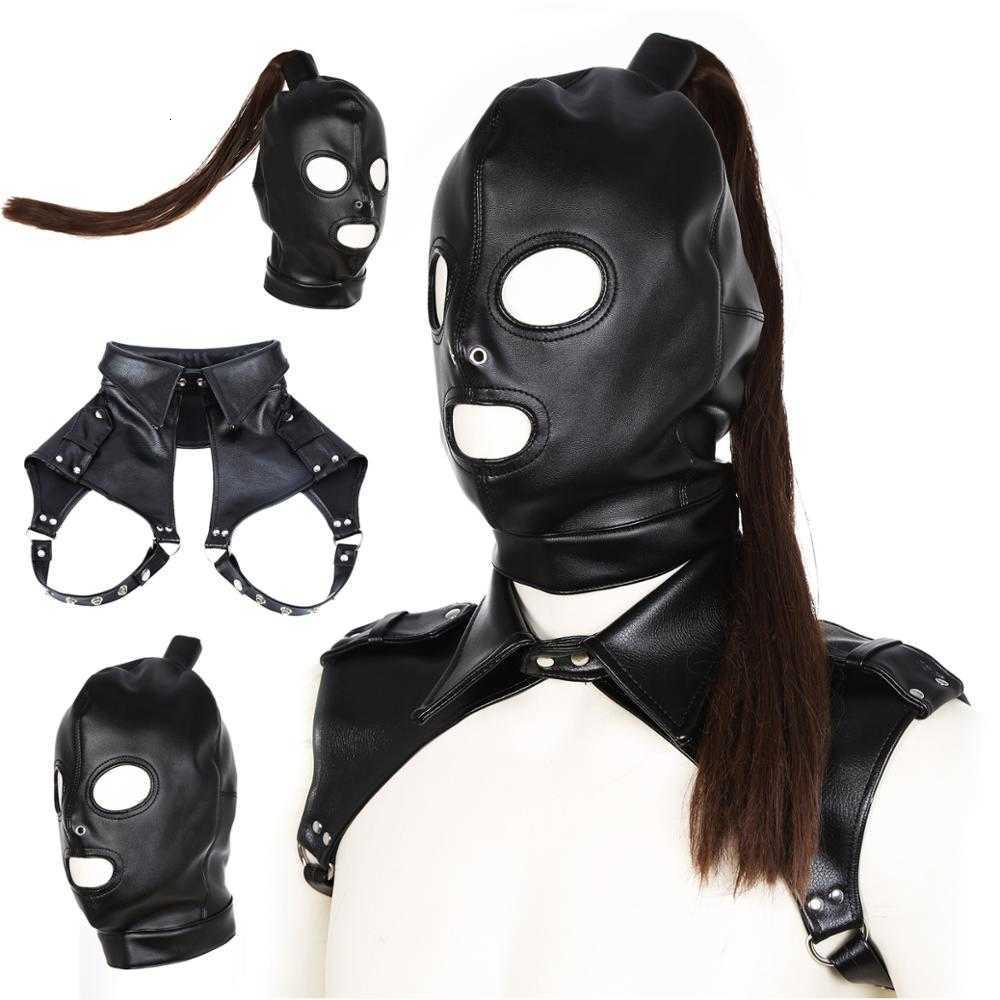 Massager bondage Bdsm Slave Accessories Leather Bondage Mask with Hair Head Restraint Fetish Chest Belt Collar Headgear Hood Adult Sex Toys 13M8-image-809989991