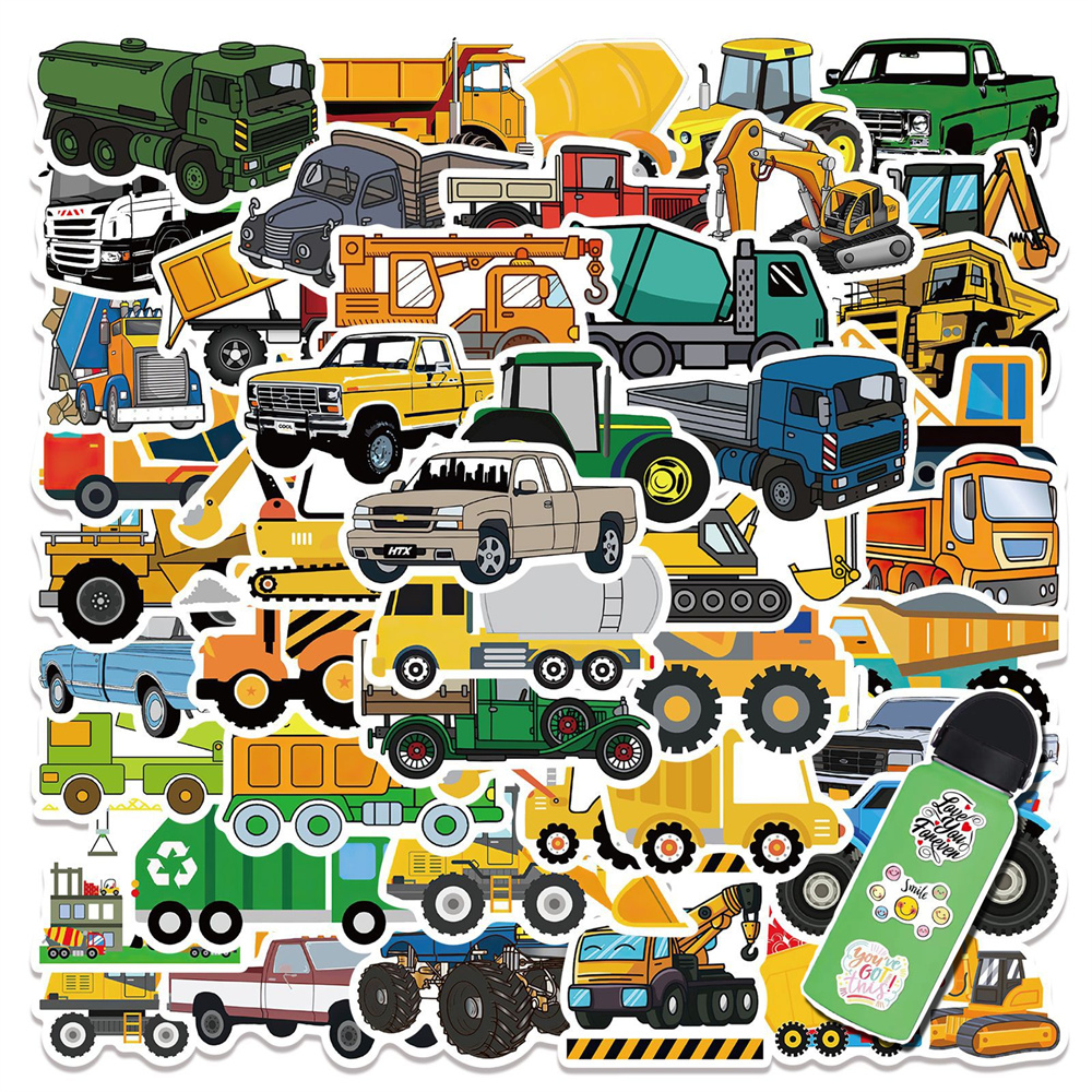 

50PCS Truck Construction Vehicle Cartoon Stickers Pack for Laptop Skateboard Motorcycle Decals, Multi colors