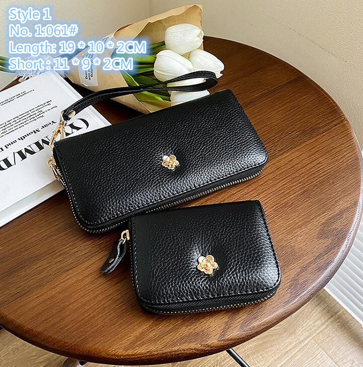 

Wholesale factory ladies clutch bags 2 styles Joker multifunctional leather mobile phone bag personalized zipper long wallet metal decoration short coin purse, Black-short -plum blossom
