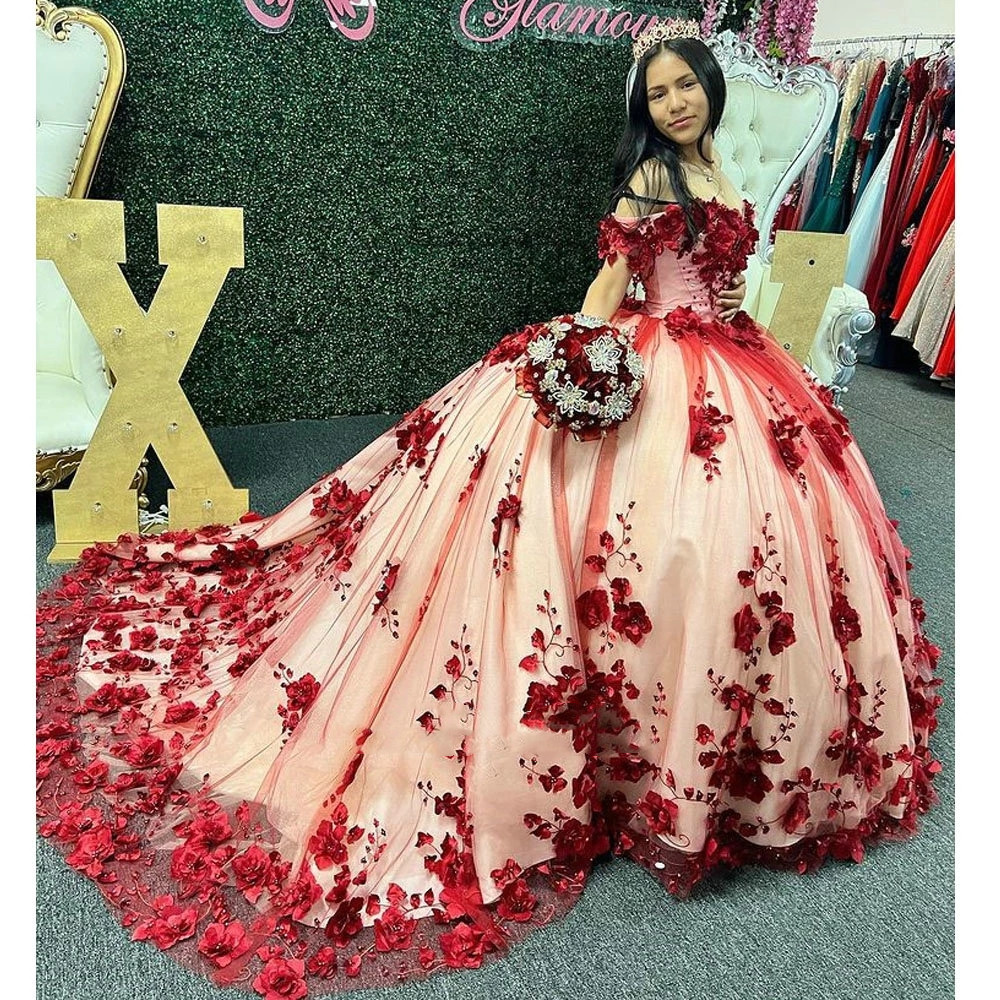 

burgundy 3D Flowers Appliques Lace Quinceanera Dress Ball Gown Off The Shoulder Plus Size Pageant Sweet 15 Vestidos De XV Anos, Silver