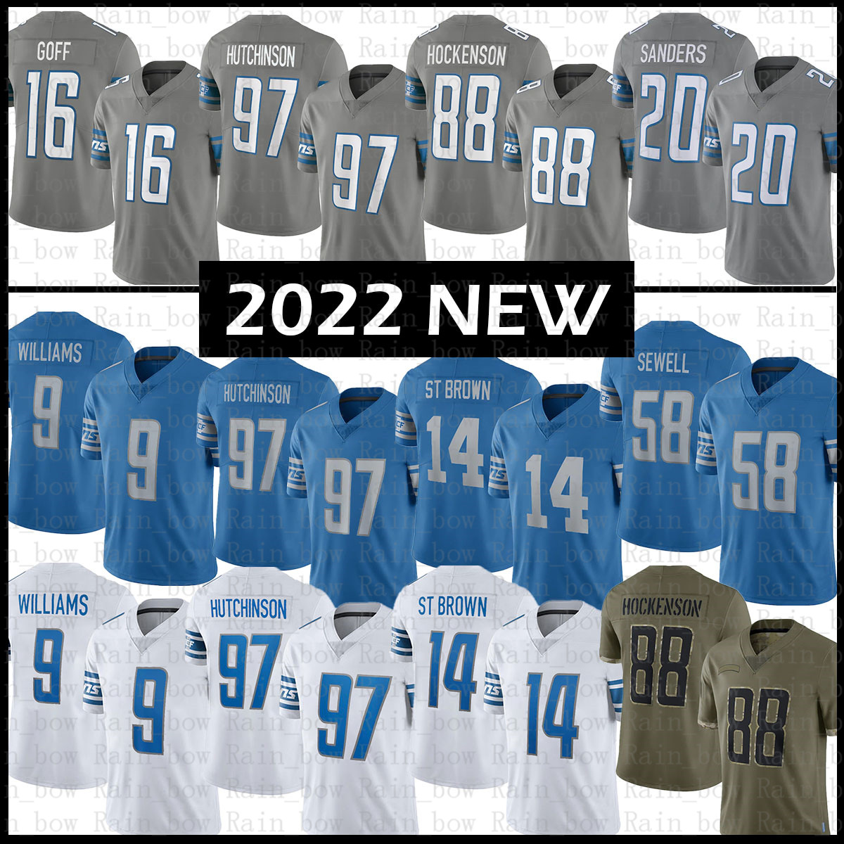 

Jameson Williams Amon-Ra St. Brown Football Jersey Aidan Hutchinson D'Andre Swift Penei Sewell Jared Goff Barry Sanders Detroit T.J. Hockenson Lions Jack Fox Okudah, Youth size s-xl(xs)