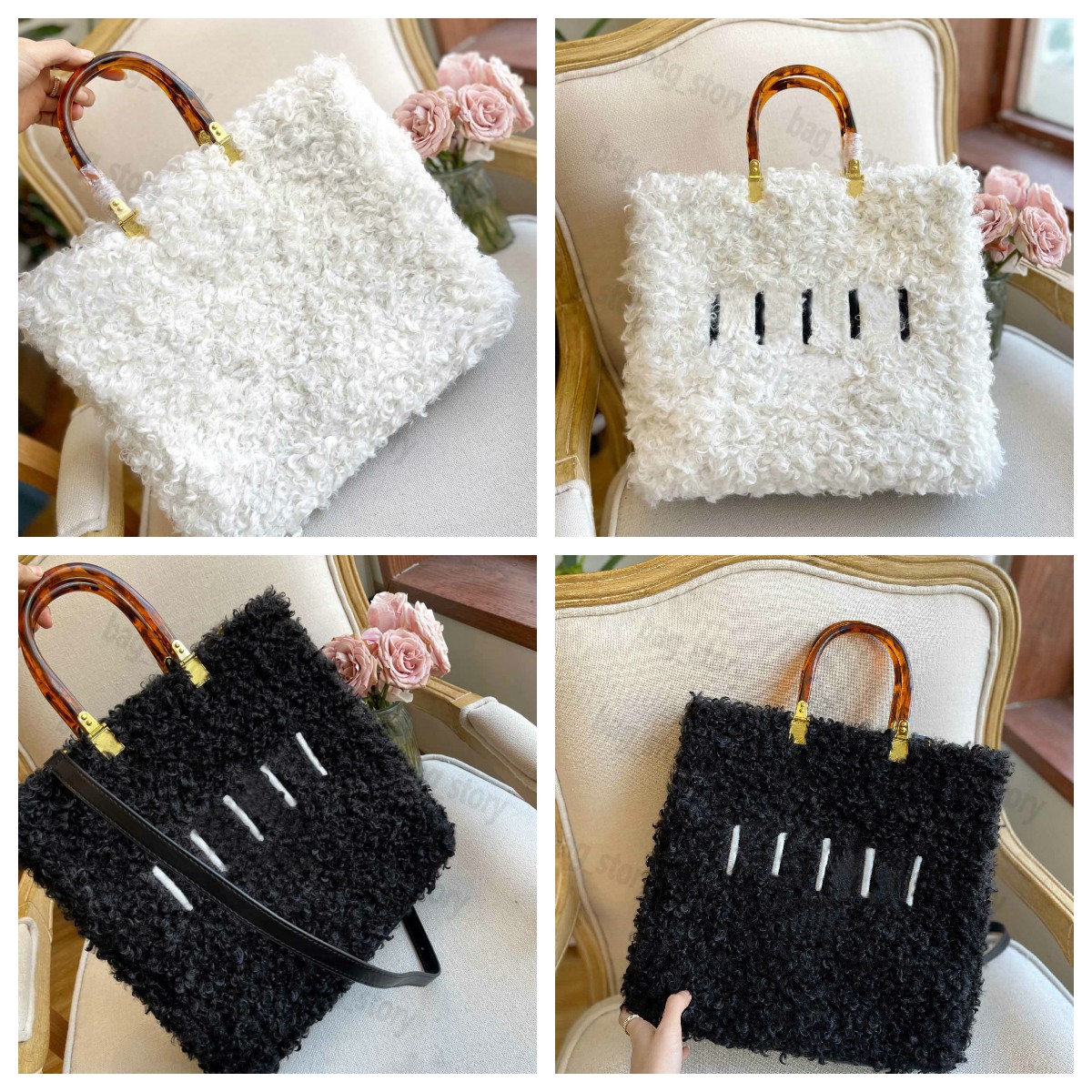 

Designer Tote Bag Sunshine Shopper Lambwool Mohair Handbag Women Detachable Strap Shoulderbag Leather Roma Lettering with Gold Metalware Totes Soft Cross Body