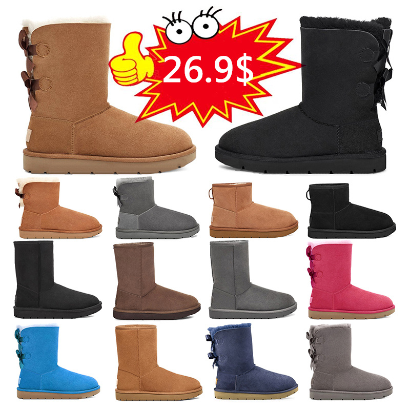 

2023 designer boots australia women winter booties girl classic snow boot plush ankle short bow mini fur black chestnut pink Bowtie womens, Box