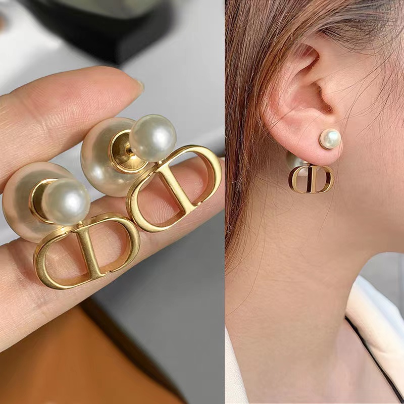 Créateur de Mode Boucles d'Oreilles Lettre CD Double Face Perle Dior Plaqué Or 18K Femme avec Boite