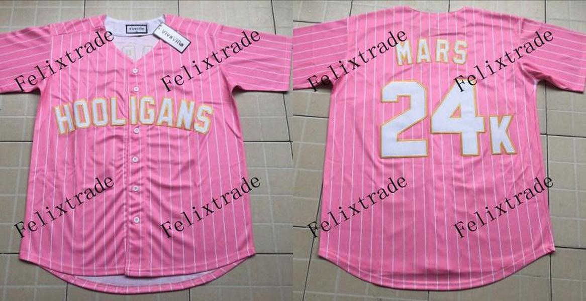 

College wear Bruno Mars 24K Hooligans Baseball Jersey Yellow Red Pink Purple Black White Blue Green 100% Double Stitched Embroidery high-qua, Red stripe