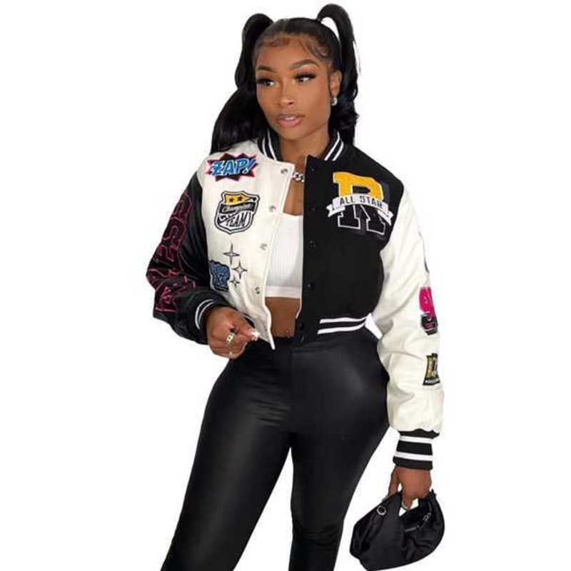 

Women Letter Print Double Threaded Baseball Jacket Girls Varsity Coat Desinger Cropped Patchwork Button Letterman Coats, #2
