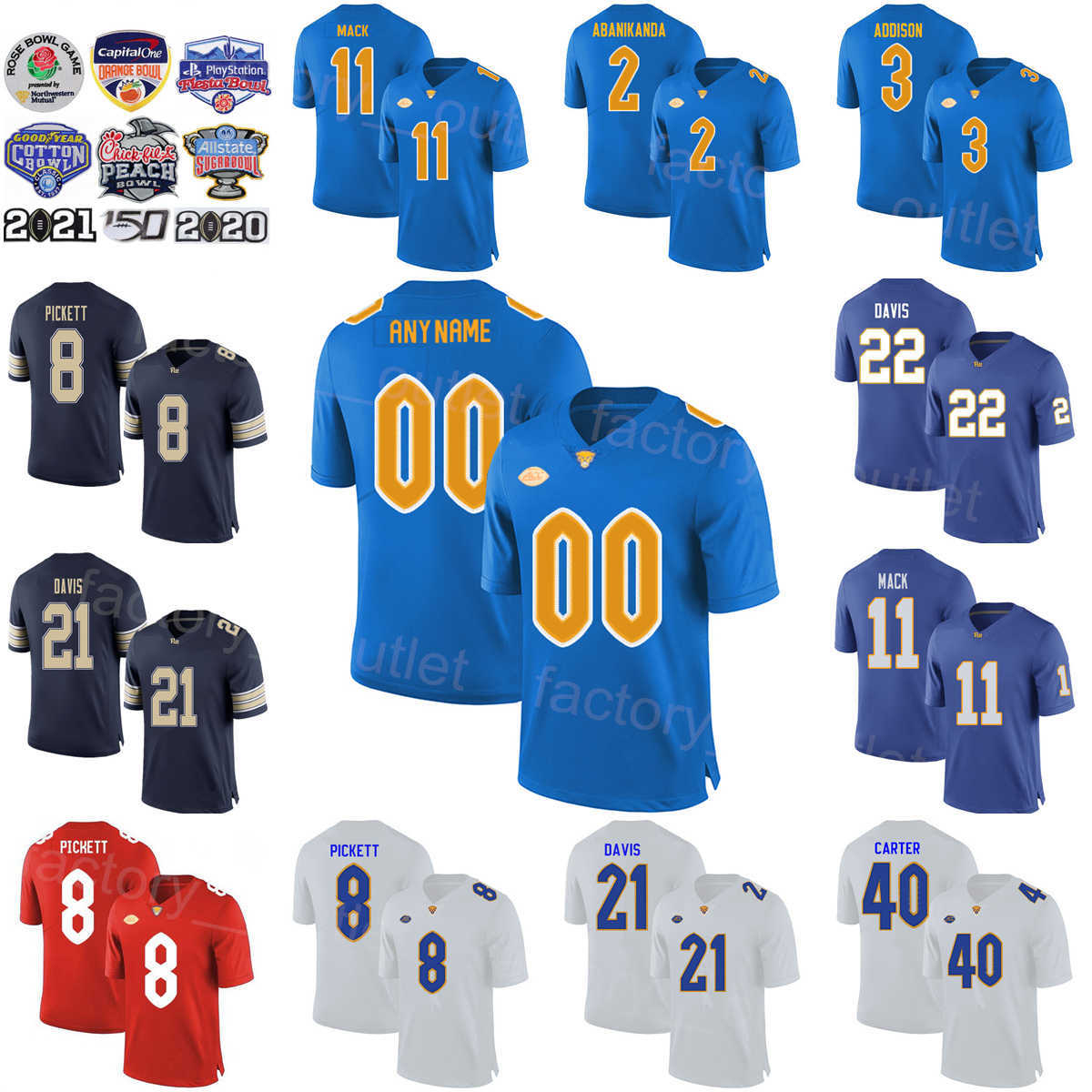 

NCAA College Pittsburgh Panthers Football 22 Vincent Davis Jersey 21 AJ Davis 40 Daniel Carter 11 Taysir Mack 8 Kenny Pickett 2 Israel Abanikanda University Uniform, White