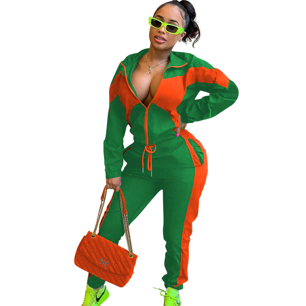 Pantalon de deux pièces pour femmes Hiver Casaul Femmes Sportsuit Deux pièces Ensemble Cordon Couleur Patchwork Veste Manteau Pantalon Long Vêtem