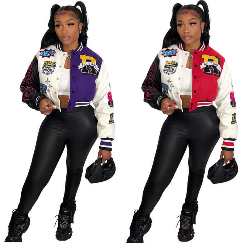 

Women Letter Print Double Threaded Baseball Jacket Girls Varsity Coat Desinger Cropped Patchwork Button Letterman Coats, #2