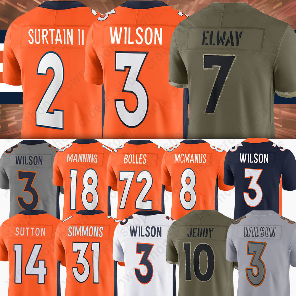 

3 Russell Wilson Football Jerseys Broncos''Nfl''Justin Simmons Jerry Jeudy Pat Surtain II John Elway Peyton Manning Javonte Williams Brandon McManus, Men(ye ma)