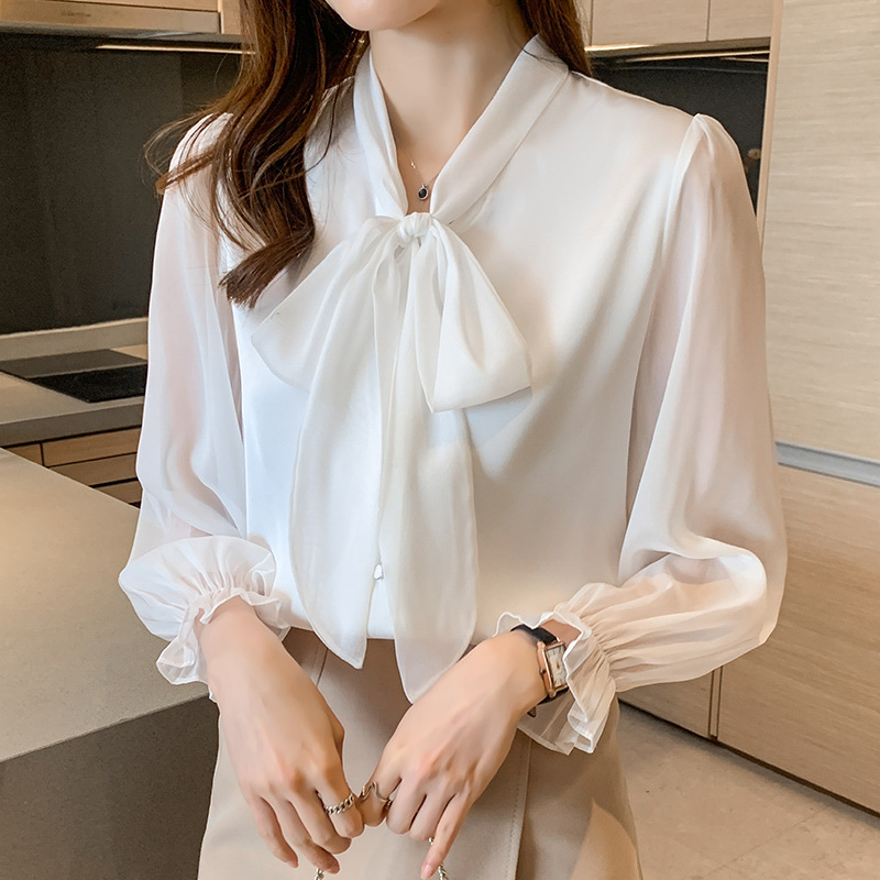 Spring Summer Bow Chiffon Shirt 2022 New Black White Shirt Office Lady Fashion Women Long Sleeve Blouse Elegant Clothes