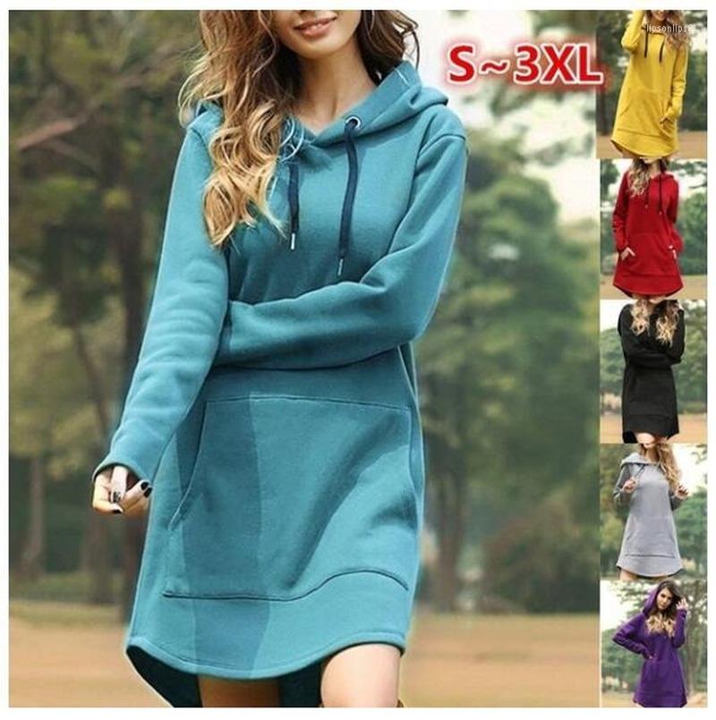 

Women' Hoodies Fall/Winter Large Size Loose Solid Color Pocket Long Sleeve Hoodie Dress For Women, Gray