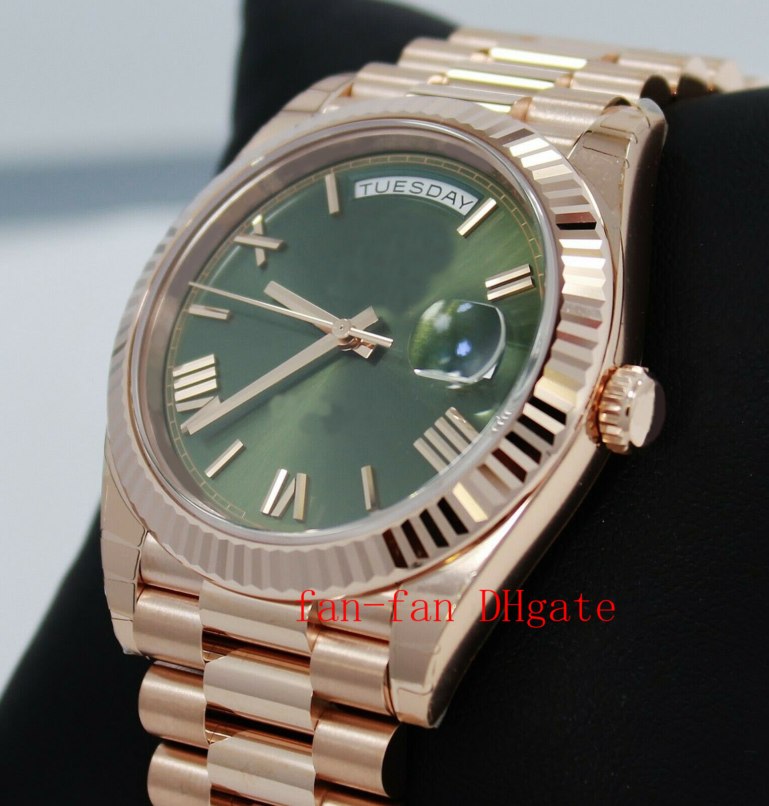 

Original Box WATCH President 40mm Day-Date 228235 18K Rose Gold Green Olive Dial Watch NEW Mechanical Automatic mens BF watcheS, White