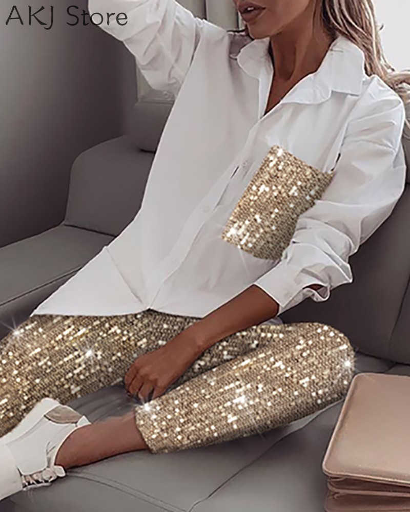 Pantalon de deux pièces pour femmes Femmes Chemise à manches longues à paillettes Glitter Pantalon brillant Ensembles T221012