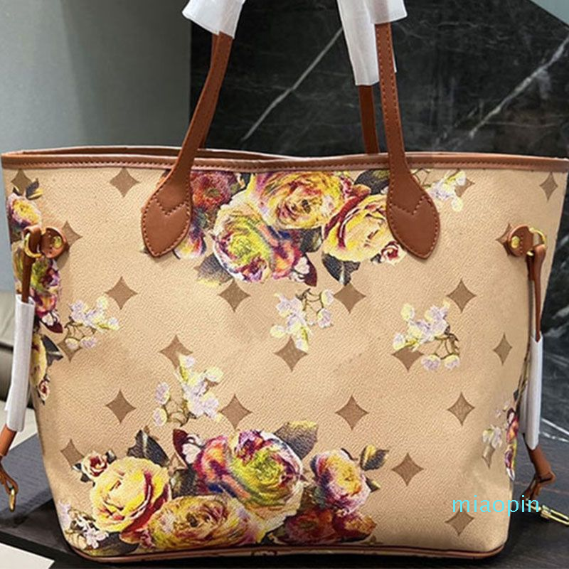 

Floral Never Tote Bag Shoulder Beach Bags Women Handbag Purse Coated Canvas Leather Fashion Letter Large Capacity Handbags Pocket Side, A dust bag