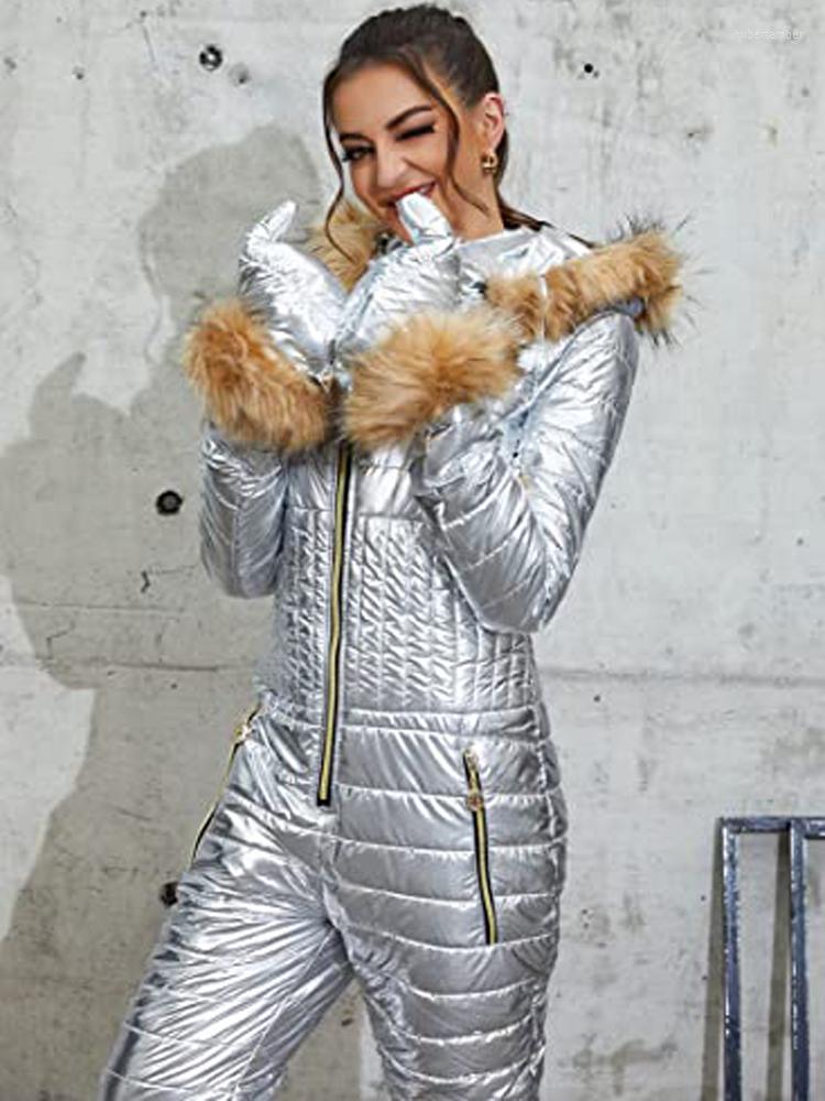 

Women' Down Ski Jumpsuit Women Fur Hooded Winter Coat Skiing Outerwear Warm Cotton Padded High Waist One Piece Snowsuit Zip Up Quilted, Pink