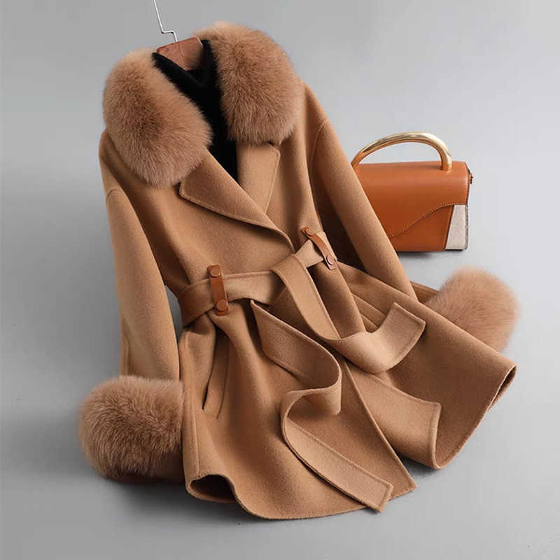 

Women' Fur Autumn/Winter fox fur collar high-end double-sided real wool coat Women' long woolen jacket L221013, Black