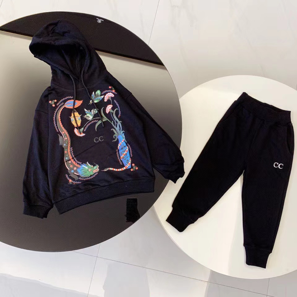 

kids Clothing Sets warm fashion British brand autumn and winter childrens boys treasures and girls printing cotton two piece luxury designer Hooded pants black, 1#