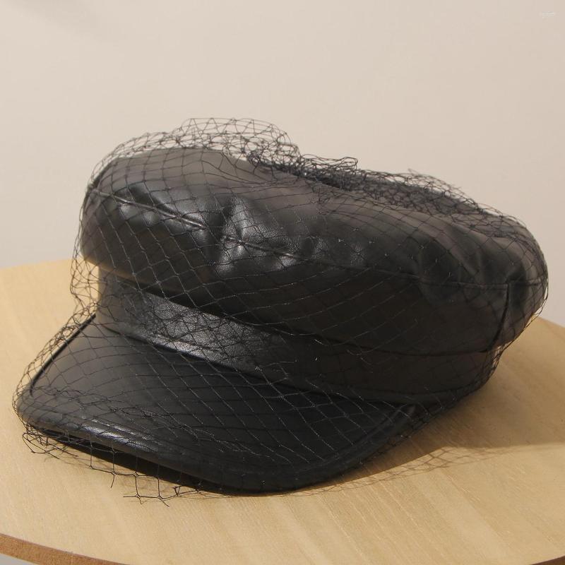 

Berets Luxury Designer Brand PU Leather Hats Women Warm Black Visor Beret Hat Fancy Veil Elegant Girl Sboy Cap Ladies Winter