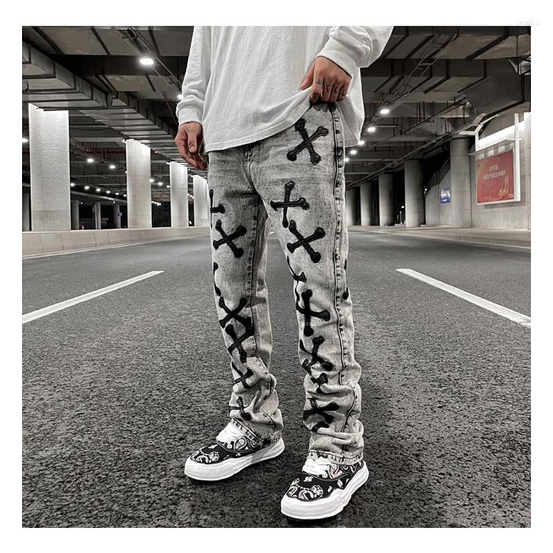 

Men's Jeans Vintage washed distressed flare jeans with a unisex design and PU leather bone embroidery, perfect for streetwear fashion, Dark grey