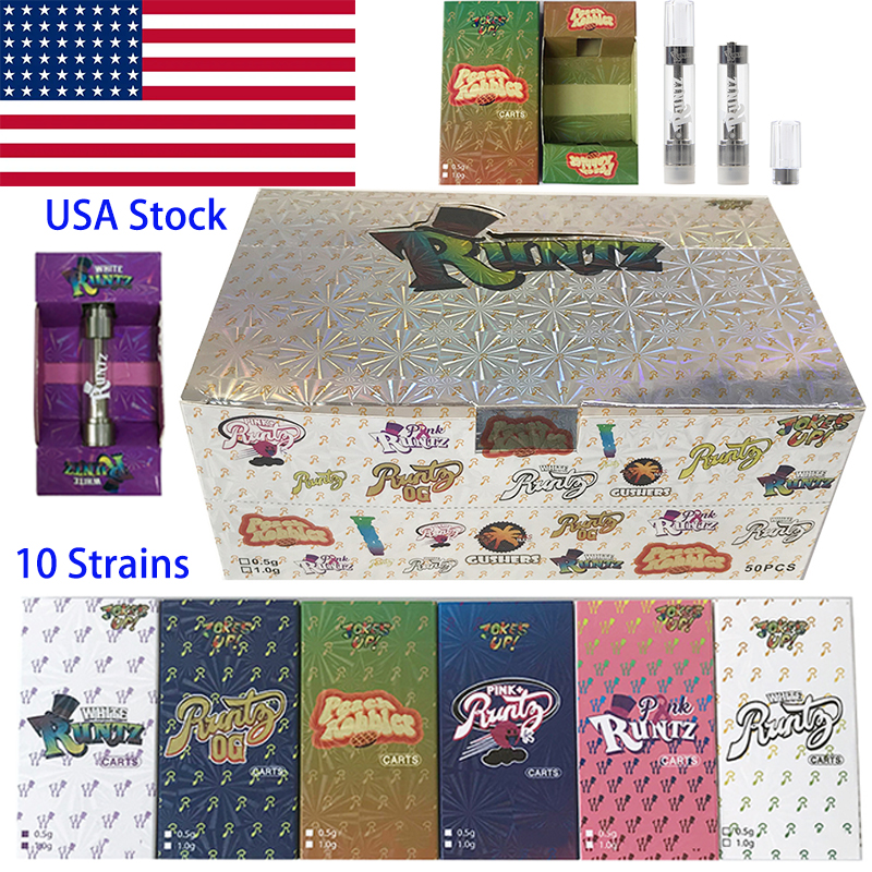

In USA Stock 0.8ml Runtz Runty Atomizers Vape Cartridges Packaging Glass Tank Ceramic Coil Carts Press Fit Wax Vaporizer 510 Thread E Cigarettes 10 Strains Empty