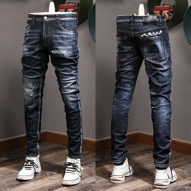

New Cool Guy Painted Denim Cotton Jeans Distressed Faded Cowboy Trousers, D2-8357