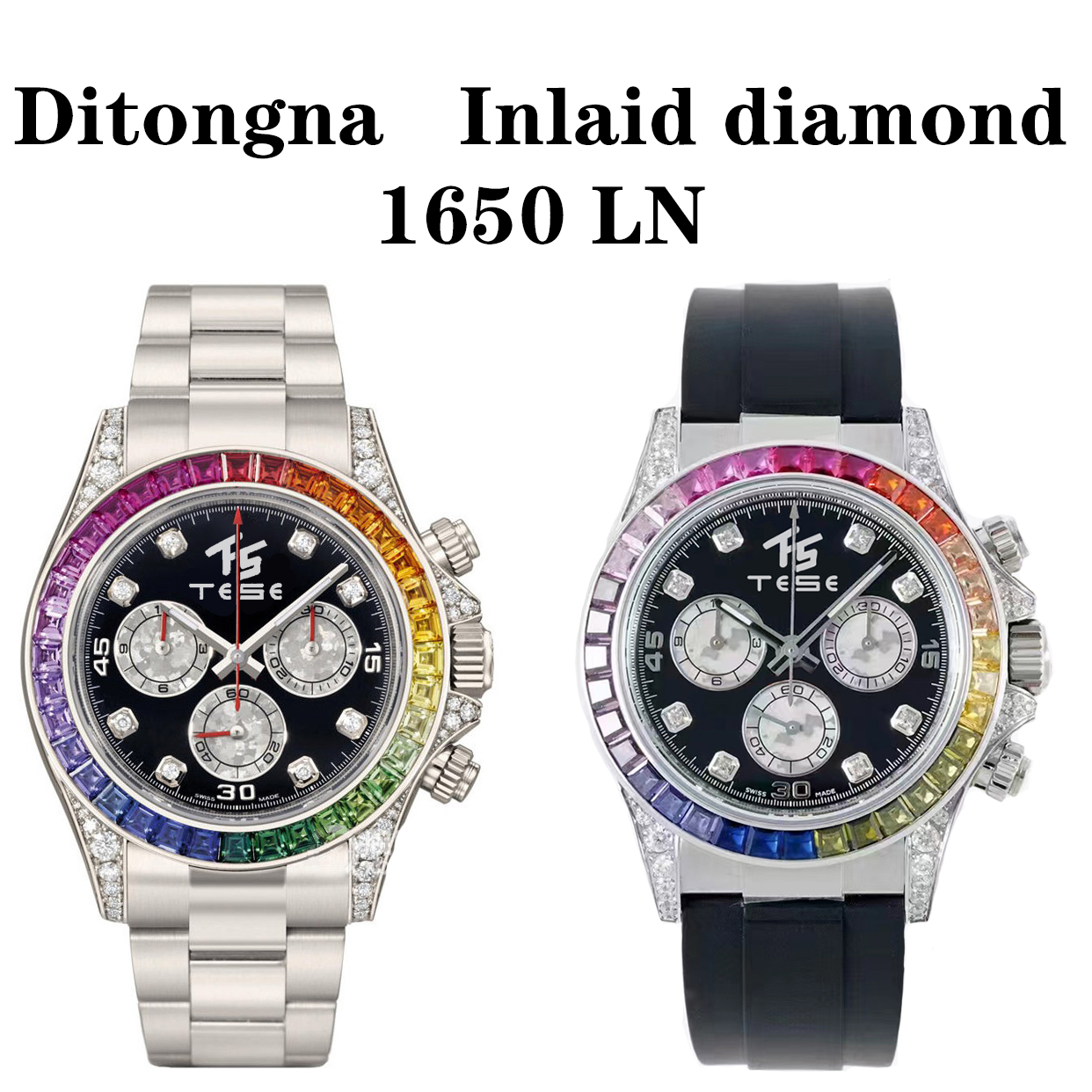 

South Africa Rainbow Diamond Luxury Watch Business Mens 904L Stainless Steel Rubber Watch Rose Gold Fashion Automatic Machinery Time Diving Panda Sapphire 116500, As shown