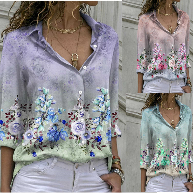 Autumn Vintage Print Chiffon Shirt Women Button Up Lady Tops Loose Long Sleeve Blouse Women Casual Shirts