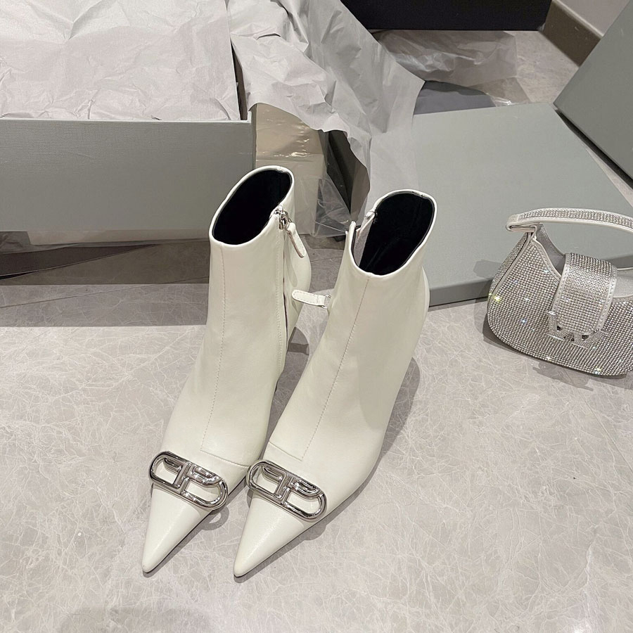 

High Heels Women's Pointed Toe Short Boots Ankle Boots Luxury Designer Fashion Party Comfortable Metal Buckle Side Zipper Black White Sexy Sheepskin Autumn/Winter