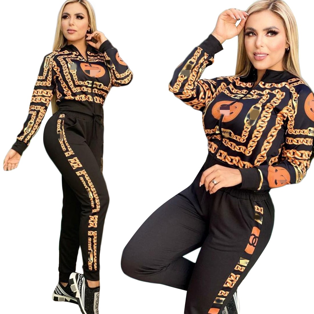 

Print Jacket and Bottoms Two Piece Pants Outfits Women Fashion Zipper Sweatshirt and Pant Sets Free Ship, Black -1