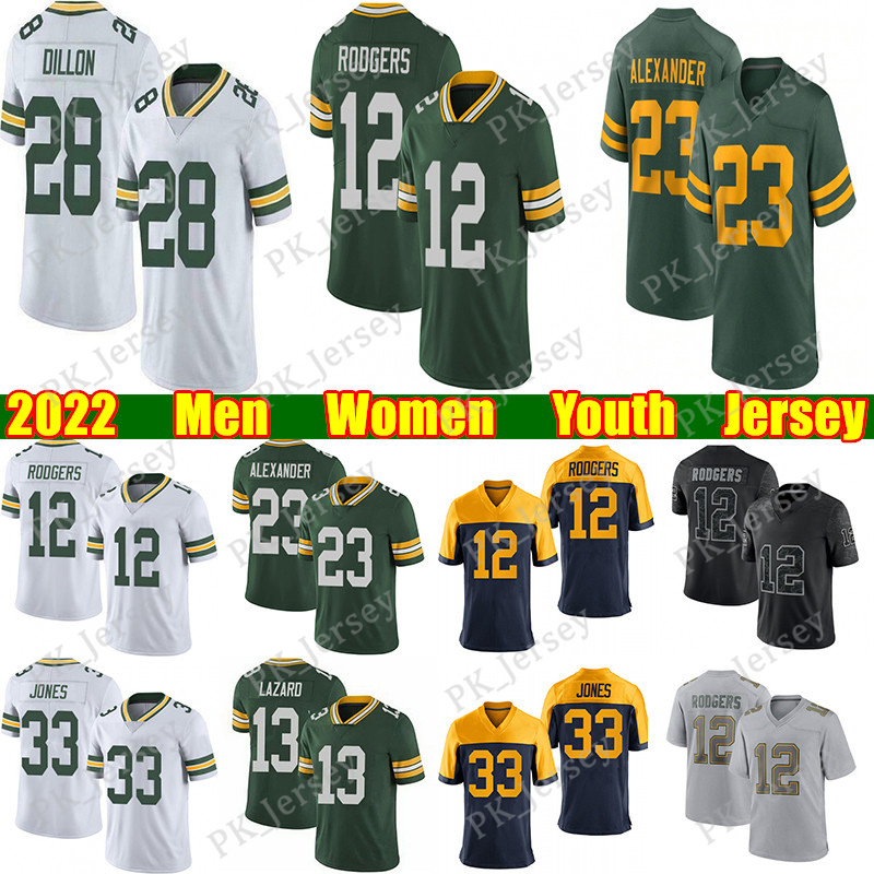 

12 Aaron Rodgers 13 Allen Lazard Jones Football Jersey AJ Dillon Jaire Alexander Christian Watson Randall Cobb David Bakhtiari Eric Stokes Romeo Doubs jersey, Green yellow men
