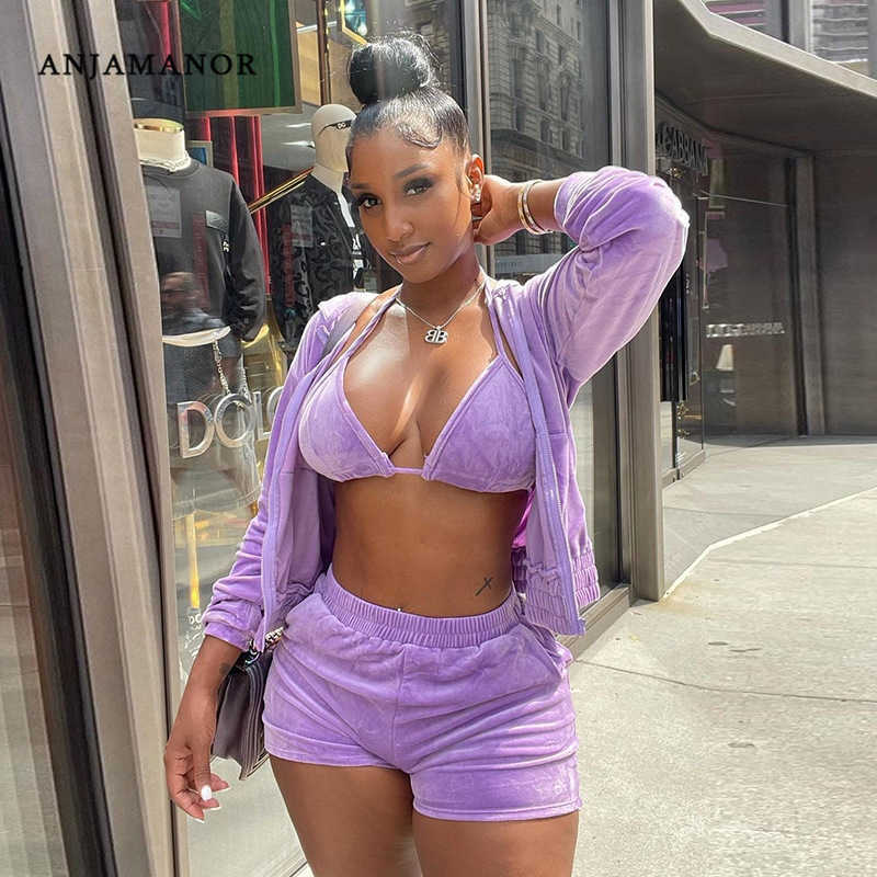 

Women's Two Piece Pants ANJAMANOR Sexy Sports 3 Piece Set Velvet Tracksuit Jacket Shorts Fall Outfits for Women Matching Sets Wholesale Clothes D0-DE55 T221012, Purple