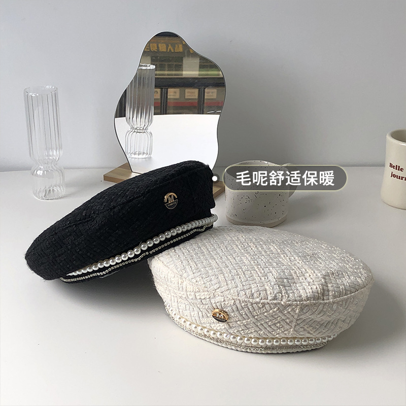 

Pearl Chain Beret Female Spring and Winter Style Korean Fashion Jewelry New Vintage French Small Incense Net Red Painter Hat, White