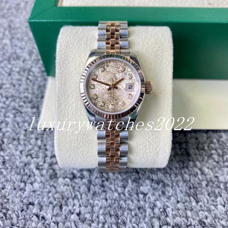 Luxury Women Watch V5 Version 31mm Pattern Dial Big Magnifier Automatic Sapphire Glass Rose Gold Two Tone Stainless Steel Bracelet Classic Watch