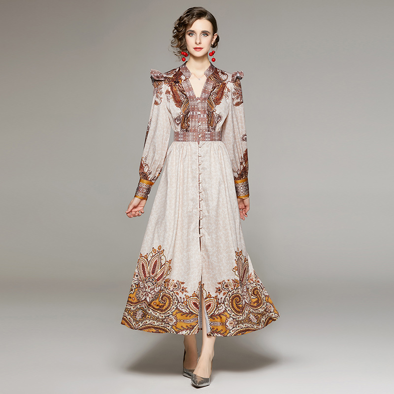 Rétro imprimé bouton chemise Maxi robe femmes luxe à volants à manches longues robes de soirée décontractées col en v 2022 piste concepteur dames