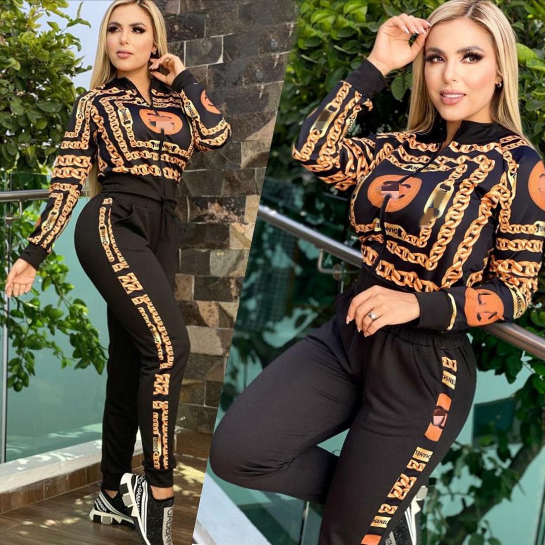 

Print Jacket and Bottoms Two Piece Pants Outfit Women Fashion Zipper Sweatshirt and Pant Sets Free Ship, Black -1