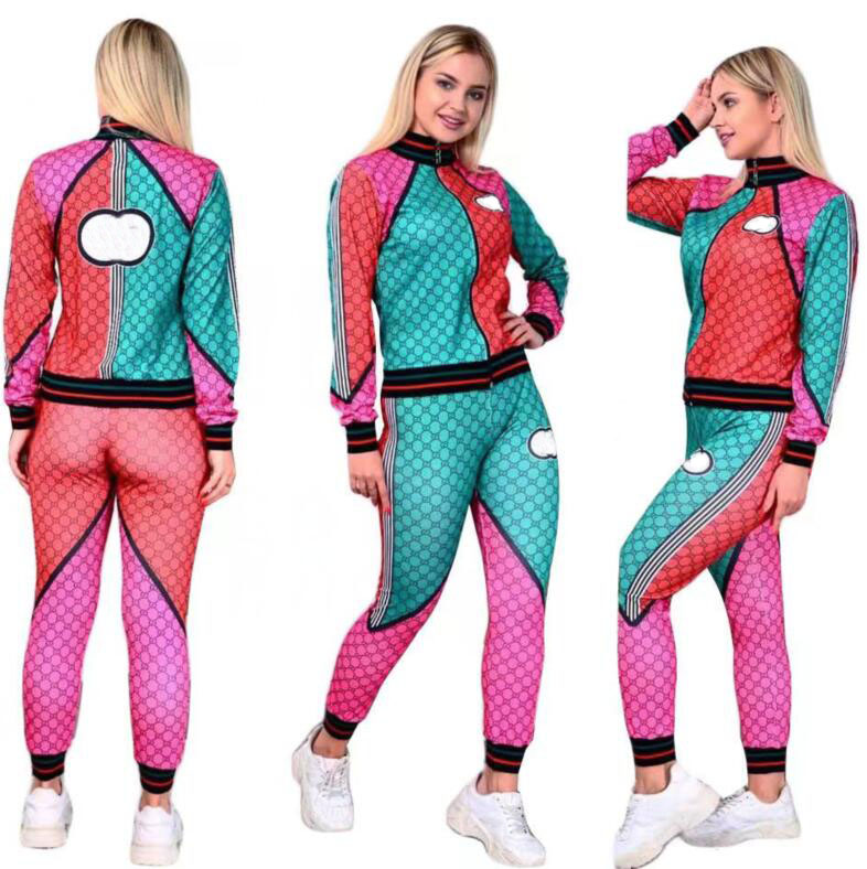 Womens Tracksuits Sports Suit cardigan Zipper Jacket and Pants Lady Striped full body ggity letter Print Jumpsuit 2 Pieces Outfits Sweatsuit Spor