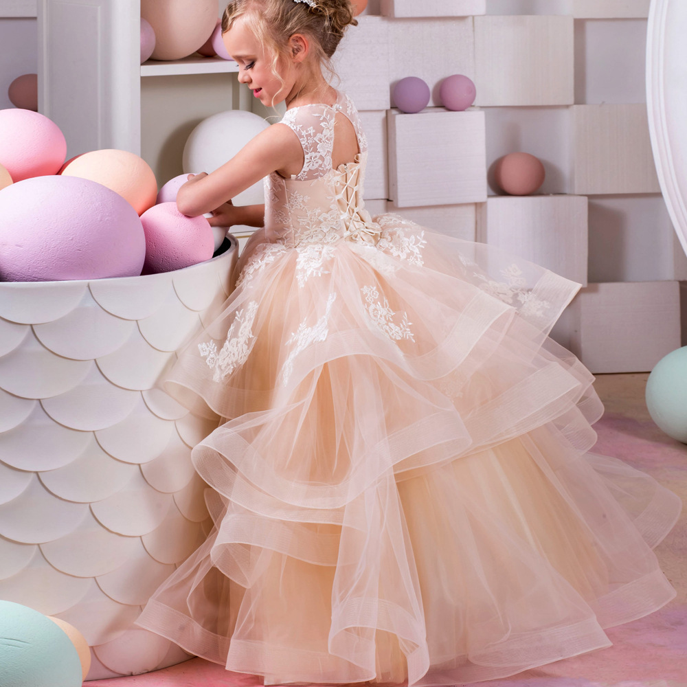 Robes de fille de fleur pailletées d'or avec des appliques de dentelle Illusion Long tutu filles Pageant robe enfants robes d'anniversaire pour s