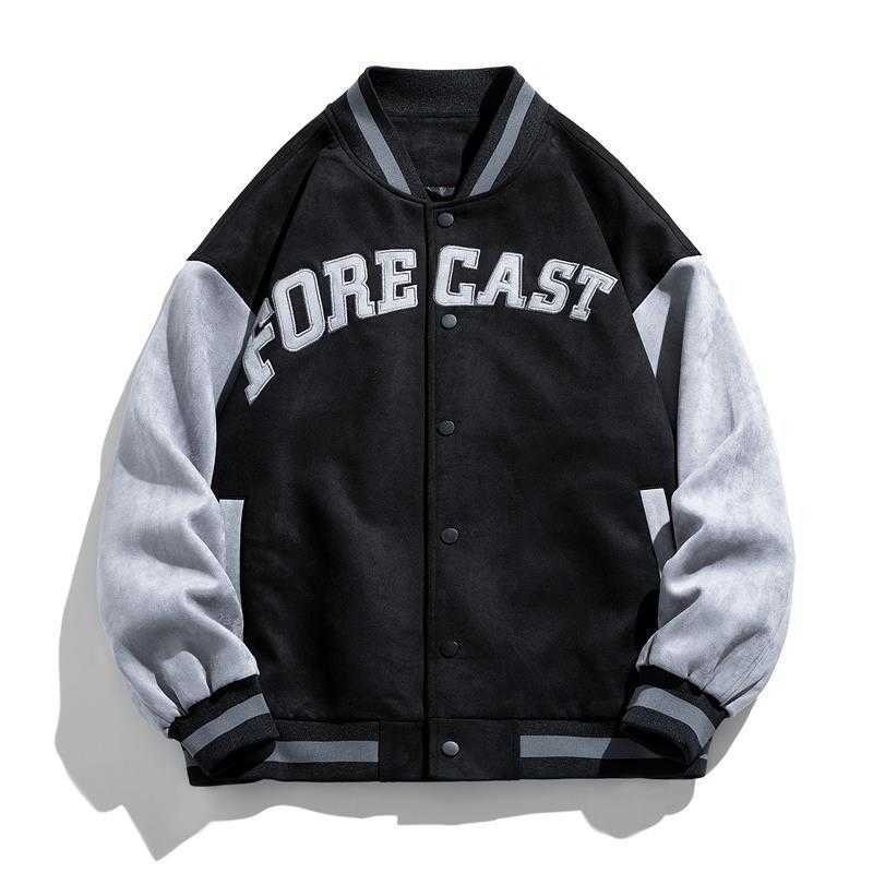 

Stand Collar Coat Men's Spring and Autumn Fashion Brand Loose Academy Style Suede Jacket Couple Color Contrast Embroidery Baseball Jersey, Brown brown