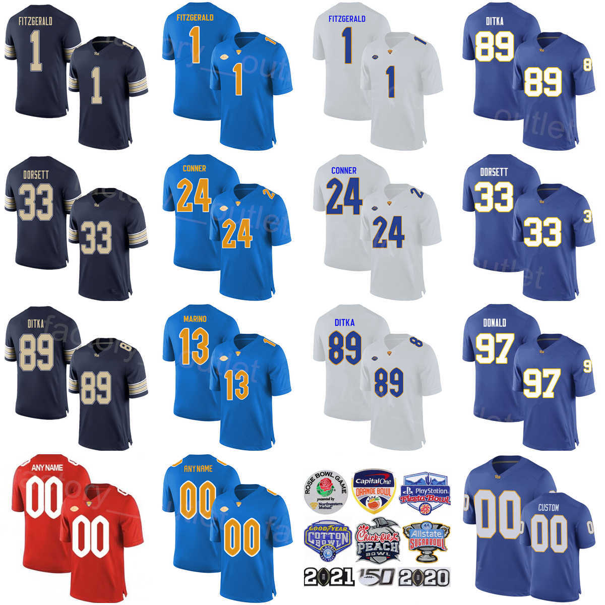 

NCAA Pittsburgh Panthers Football College 1 Larry Fitzgerald Jersey 33 Tony Dorsett 13 Dan Marino 24 James Conner 89 Mike Ditka 97 Aaron Donald University Stitched, White