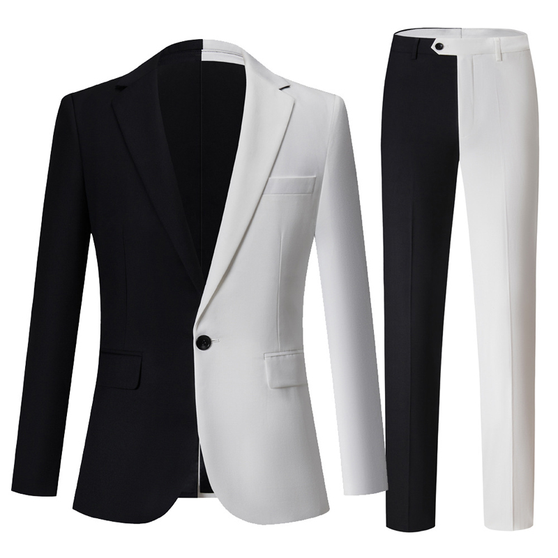 Mens Stylish Black White Patch work Suit Pants Sets Slim Fit Notched Lapel One Button 2 Piece Suits Wedding Party Dinner Tuxedo