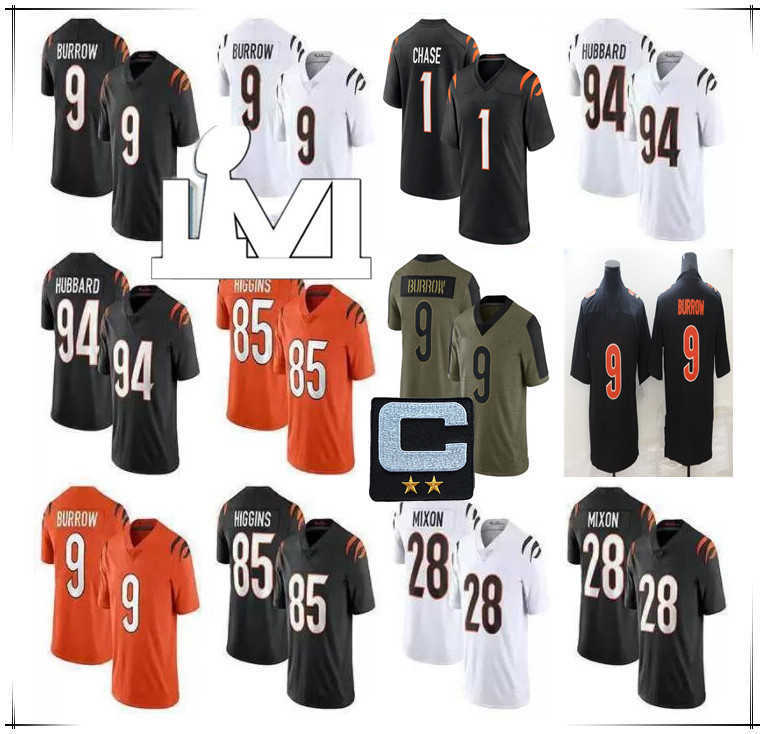 

American College Football Wear Custom Joe Burrow Jersey Football 1 JaMarr Chase 85 Tee Higgins 28 Joe Mixon 87 C.J. Uzomah Samaje Perine Tyler Boyd Chris Evans Logan, Man black with super patch